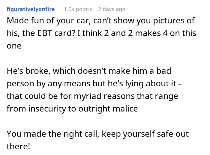 Screenshot of a comment about a man ending up on the side of the road after insulting his date in Get Out story. Screenshot of a comment about a man ending up on the side of the road after insulting his date in Get Out story.