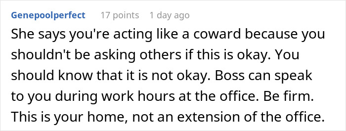 Comment discussing a single mom uncomfortable with her boss popping up at her home, urging firm boundaries. Comment discussing a single mom uncomfortable with her boss popping up at her home, urging firm boundaries.