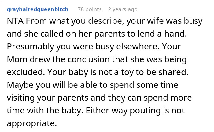 Reddit comment discussing overprotective mom upset about son letting in-laws help with baby care. Reddit comment discussing overprotective mom upset about son letting in-laws help with baby care.