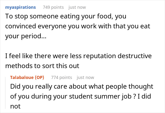 Reddit users discuss adding menstrual blood to food to prevent theft during a summer job in a humorous story thread.