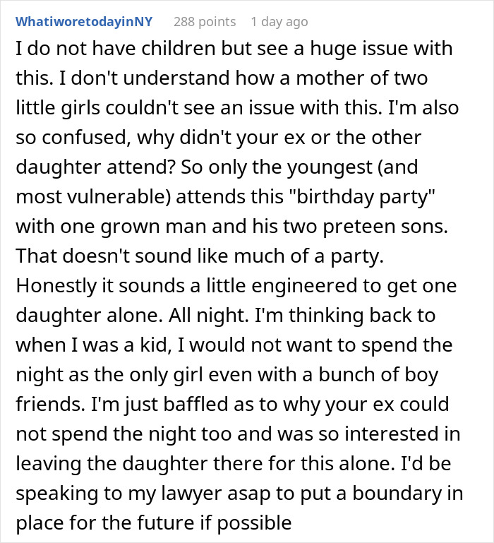 Comment discussing concerns about an 8-year-old spending the night at mom's boyfriend's house without family or female presence. Comment discussing concerns about an 8-year-old spending the night at mom's boyfriend's house without family or female presence.
