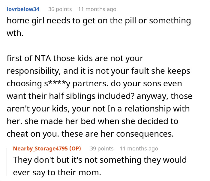 Online discussion about woman who cheats on partner and expects him to care for her children with other men Online discussion about woman who cheats on partner and expects him to care for her children with other men