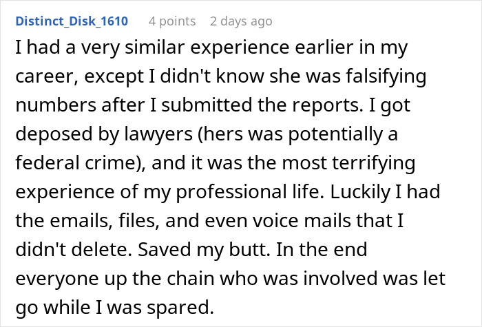 Alt text: User sharing experience with boss’ request to fudge data leading to legal trouble and professional consequences. Alt text: User sharing experience with boss’ request to fudge data leading to legal trouble and professional consequences.