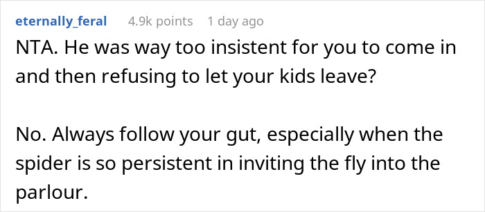 Reddit comment explaining why lady refusing ex's stepkid to use bathroom is not unreasonable, advising to trust instincts. Reddit comment explaining why lady refusing ex's stepkid to use bathroom is not unreasonable, advising to trust instincts.