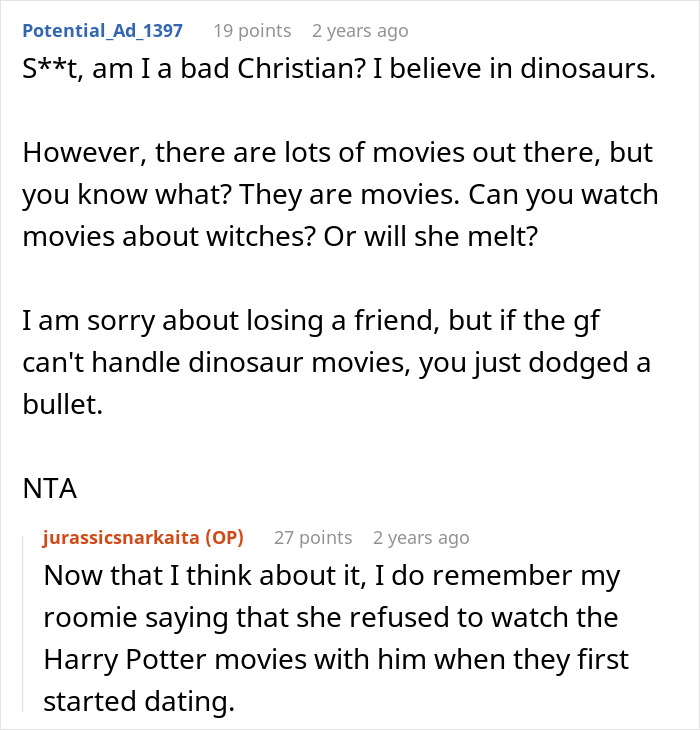 User comments discussing disbelief in dinosaurs and conflict over watching Jurassic Park dinosaur movies. User comments discussing disbelief in dinosaurs and conflict over watching Jurassic Park dinosaur movies.