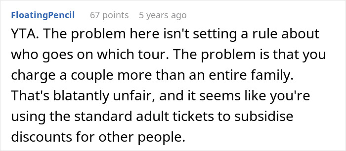 Screenshot of online comment criticizing a tour company’s pricing policy, related to childfree couple and family tour reviews.