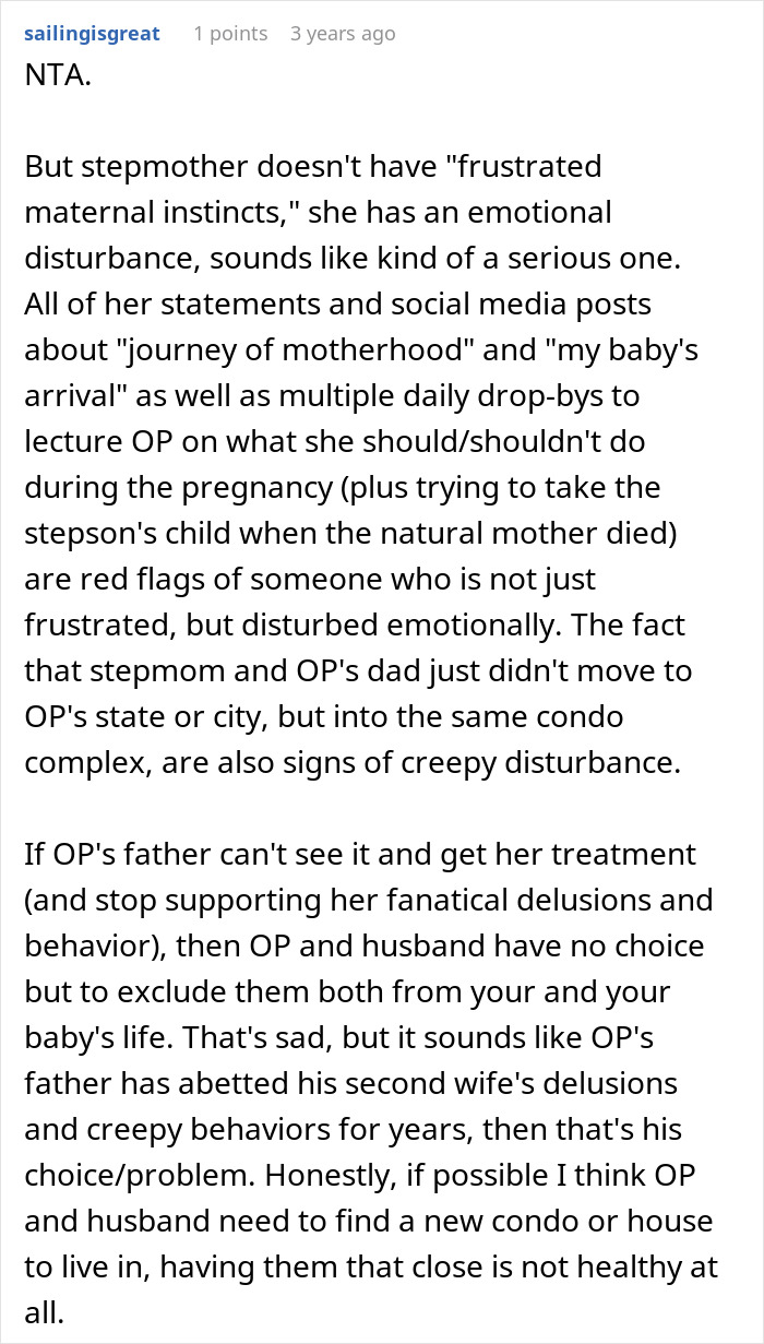Screenshot of a detailed comment discussing disturbed mental health of a woman who thinks stepdaughter's baby is hers. Screenshot of a detailed comment discussing disturbed mental health of a woman who thinks stepdaughter's baby is hers.