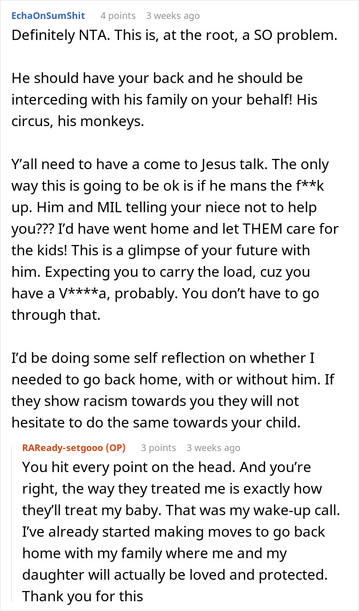 Screenshot of an online discussion about family dynamics and racism after a pregnant woman refuses to babysit niblings. Screenshot of an online discussion about family dynamics and racism after a pregnant woman refuses to babysit niblings.