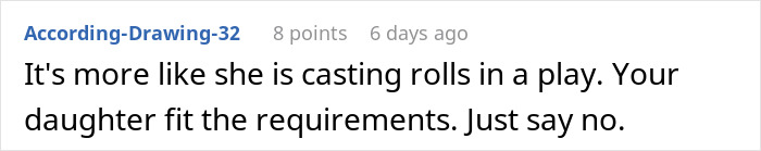 Comment discussing a woman too stunned to answer an acquaintance’s request to lend her daughter for a wedding, mentioning casting roles. Comment discussing a woman too stunned to answer an acquaintance’s request to lend her daughter for a wedding, mentioning casting roles.