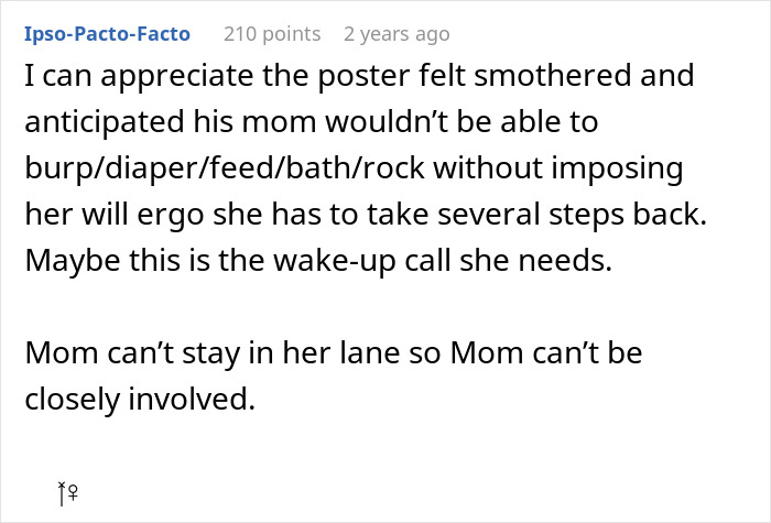 Comment about mom being overprotective and son allowing in-laws to help with baby care, expressing frustration. Comment about mom being overprotective and son allowing in-laws to help with baby care, expressing frustration.