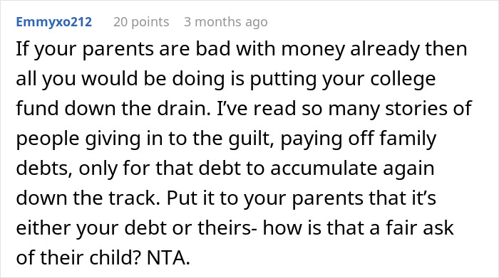 Teen refuses to sacrifice her future by paying parents’ financial debts, causing family conflict and tension over money issues.