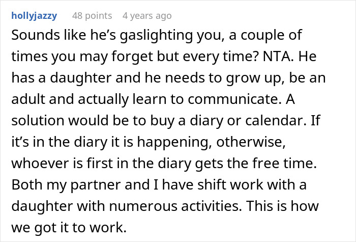 Comment about man cancelling girlfriend’s plans to go on cycle trip instead of watching his daughter, discussing communication and scheduling. Comment about man cancelling girlfriend’s plans to go on cycle trip instead of watching his daughter, discussing communication and scheduling.