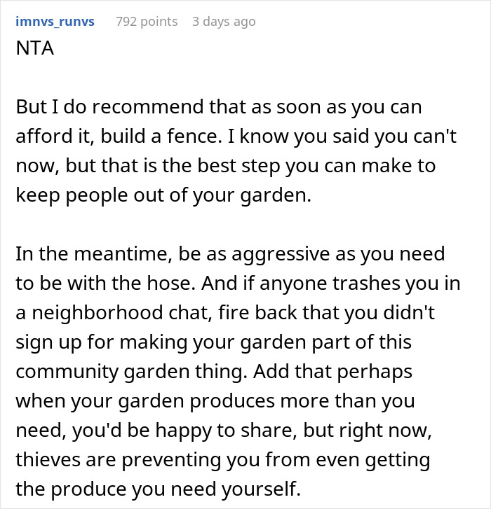 Screenshot of an online forum comment discussing stealing from a garden due to a neighbor's unmoved farm stand. Screenshot of an online forum comment discussing stealing from a garden due to a neighbor's unmoved farm stand.