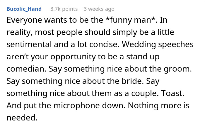 Text post discussing tips for delivering a best man’s speech comparing the groom’s bride choice to an IKEA trip.