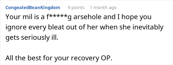 Screenshot of a Reddit comment supporting a woman battling cancer and criticizing her mother-in-law for being insensitive. Screenshot of a Reddit comment supporting a woman battling cancer and criticizing her mother-in-law for being insensitive.