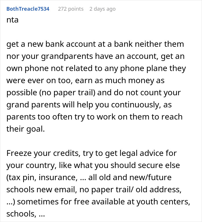 Screenshot of an online advice post discussing how an 18-year-old can leave toxic parents and gain independence safely.
