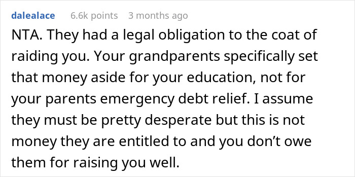 Screenshot of a Reddit comment discussing a teen refusing to sacrifice her future for parents’ financial mistakes.