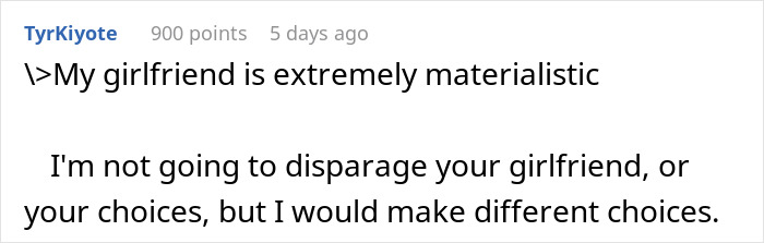 Screenshot of an online comment discussing a girlfriend’s materialism related to a small propose ring from sisters’ perspective.