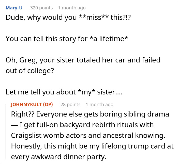 Screenshot of a Reddit discussion about skipping a sister’s rebirth party due to discomfort with the ritual. Screenshot of a Reddit discussion about skipping a sister’s rebirth party due to discomfort with the ritual.