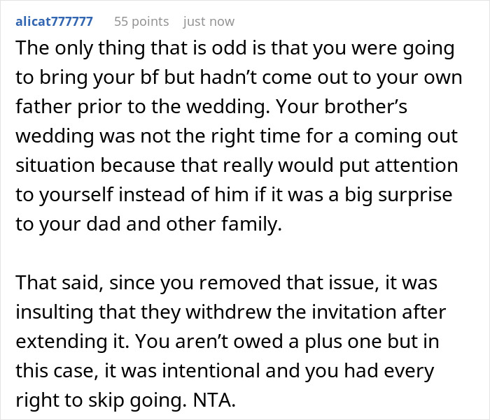 Screenshot of a Reddit comment discussing a gay man’s experience with a twin’s wedding invitation withdrawal. Screenshot of a Reddit comment discussing a gay man’s experience with a twin’s wedding invitation withdrawal.