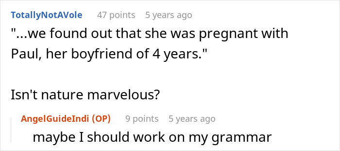 Screenshot of Reddit comments discussing a pregnancy revelation involving a boyfriend and a subtle revenge story. Screenshot of Reddit comments discussing a pregnancy revelation involving a boyfriend and a subtle revenge story.