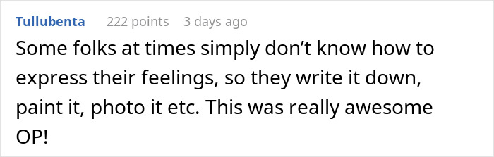 Screenshot of a heartfelt online comment about discovering emotions through writing and art in a storage unit story. Screenshot of a heartfelt online comment about discovering emotions through writing and art in a storage unit story.