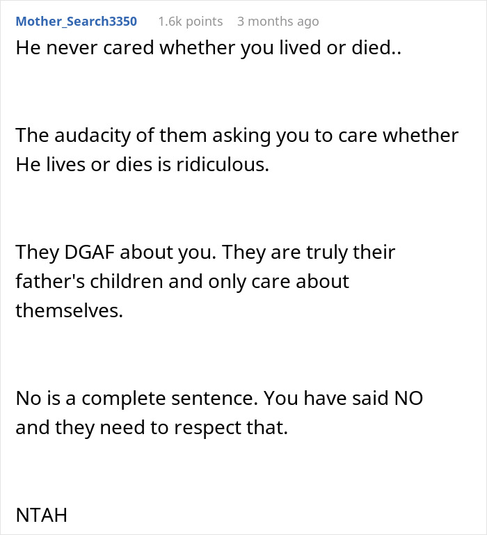 Text post discussing refusal to donate an organ to a father who caused childhood trauma and demands respect for saying no. Text post discussing refusal to donate an organ to a father who caused childhood trauma and demands respect for saying no.