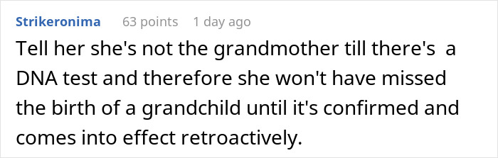 Comment about DNA test for delivery room baby, discussing confirmation and timing of grandchild's birth acknowledgment.