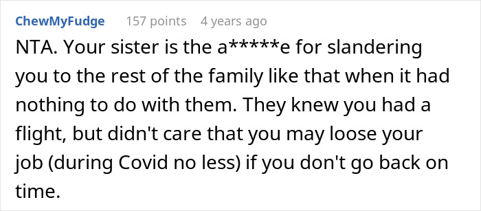 Screenshot of a Reddit comment discussing a woman missing her flight while babysitting niece and facing family conflict. Screenshot of a Reddit comment discussing a woman missing her flight while babysitting niece and facing family conflict.