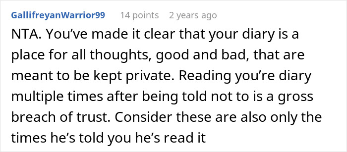 Screenshot of an online comment discussing the consequences of a man reading his wife’s diary behind her back. Screenshot of an online comment discussing the consequences of a man reading his wife’s diary behind her back.