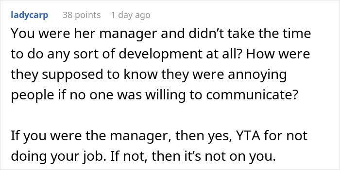Screenshot of a Reddit comment discussing responsibility in a friend getting fired situation. Screenshot of a Reddit comment discussing responsibility in a friend getting fired situation.