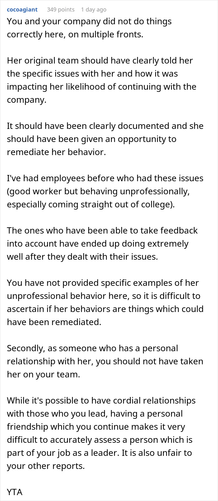 Reddit comment discussing workplace issues and leadership challenges related to a friend getting fired and super fired. Reddit comment discussing workplace issues and leadership challenges related to a friend getting fired and super fired.