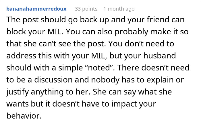 Comment advising to block MIL from seeing the post about woman battling cancer asking for help, despite MIL calling it tacky. Comment advising to block MIL from seeing the post about woman battling cancer asking for help, despite MIL calling it tacky.