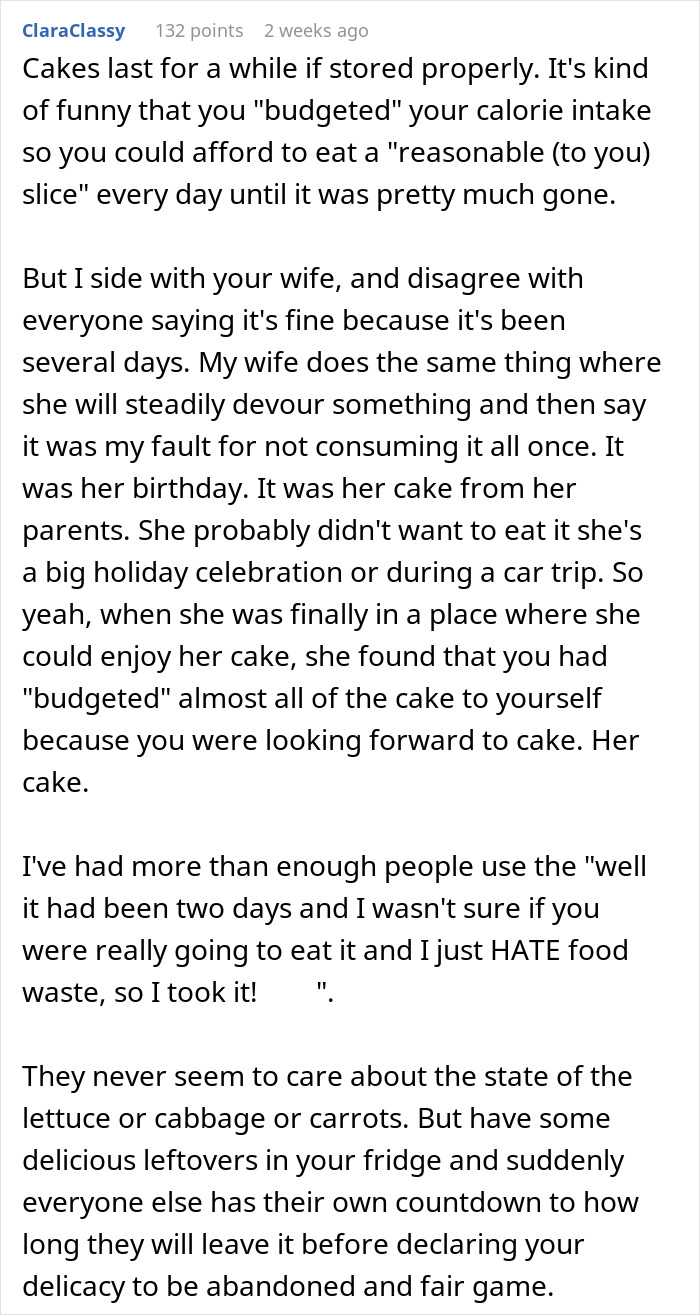 Comment discussing wife’s anger after husband devours her birthday cake leftover, debating food sharing and waste concerns. Comment discussing wife’s anger after husband devours her birthday cake leftover, debating food sharing and waste concerns.