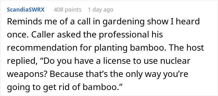 Comment about gardening show discussing the difficulty of removing bamboo, relating to domestic violence victim escape. Comment about gardening show discussing the difficulty of removing bamboo, relating to domestic violence victim escape.