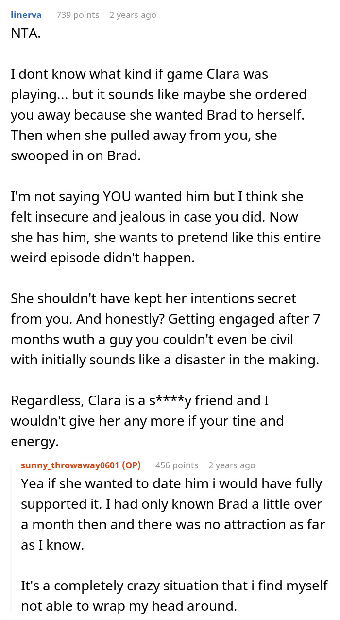 Reddit conversation discussing a woman begging friend to cut off guy after petty conflict and surprise engagement.