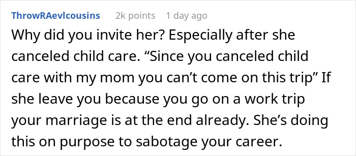 Screenshot of a Reddit comment discussing a wife’s weird quirk affecting travel and its impact on the marriage and divorce. Screenshot of a Reddit comment discussing a wife’s weird quirk affecting travel and its impact on the marriage and divorce.