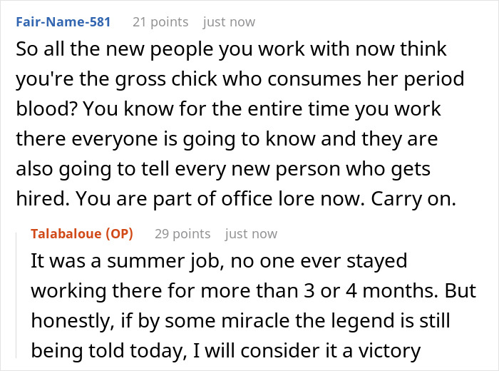 Comment exchange about adding menstrual blood to food to prevent theft discussed in an online forum.