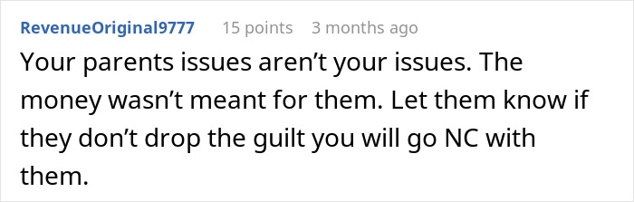 Screenshot of a forum comment about a teen refusing to sacrifice her future due to parents’ financial mistakes.