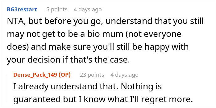 Reddit user discussing decisions about motherhood, fertility, and relationship challenges in a marriage context.