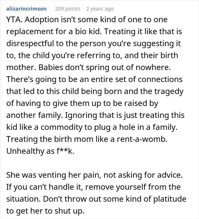 Comment discussing a baby-mad woman who can’t conceive, has relationship struggles, and reacts strongly to adoption advice. Comment discussing a baby-mad woman who can’t conceive, has relationship struggles, and reacts strongly to adoption advice.