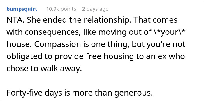 Comment discussing breakup consequences after guy asks ex to move out following relationship end. Comment discussing breakup consequences after guy asks ex to move out following relationship end.
