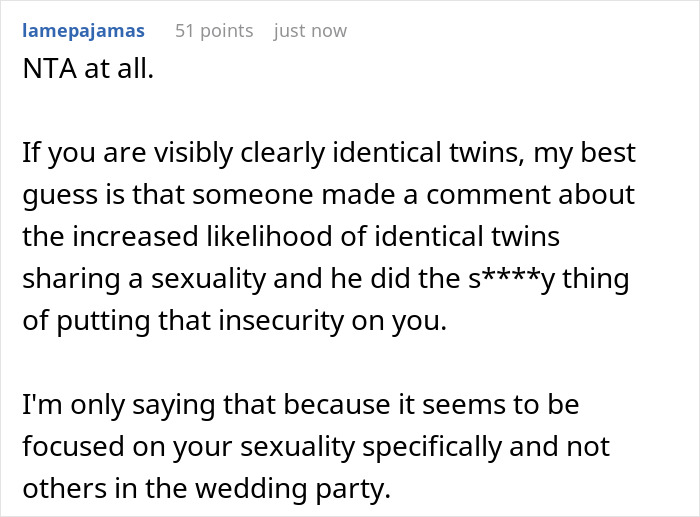 Screenshot of an online comment discussing identical twins, sexuality, and wedding party dynamics in a text post. Screenshot of an online comment discussing identical twins, sexuality, and wedding party dynamics in a text post.