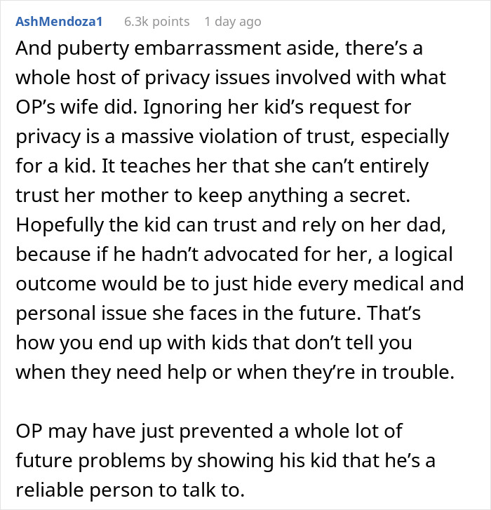 Comment discussing privacy issues and trust concerns in a mom's menstruation celebration for her 12-year-old daughter. Comment discussing privacy issues and trust concerns in a mom's menstruation celebration for her 12-year-old daughter.