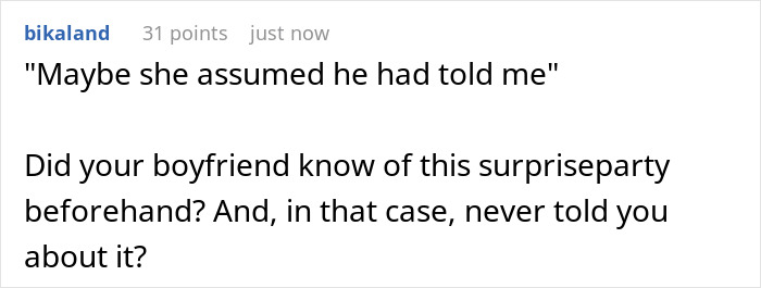 Comment discussing a guy’s female best friend not inviting his girlfriend to a surprise birthday party. Comment discussing a guy’s female best friend not inviting his girlfriend to a surprise birthday party.