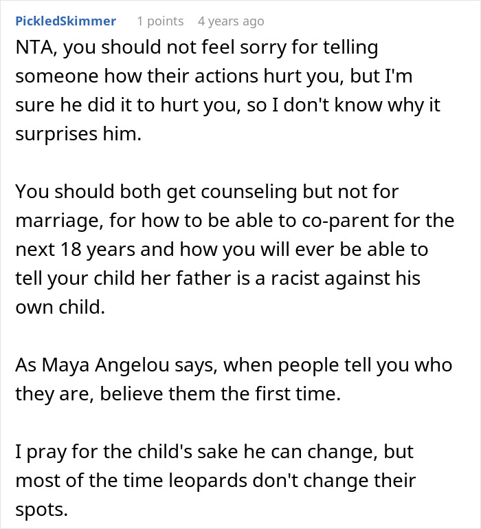 Comment discussing counseling and co-parenting after a lady was accused of cheating due to daughter's dark skin and DNA test results. Comment discussing counseling and co-parenting after a lady was accused of cheating due to daughter's dark skin and DNA test results.