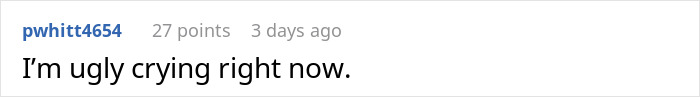 Text comment on a social media thread expressing strong emotional reaction with the phrase I'm ugly crying right now. Text comment on a social media thread expressing strong emotional reaction with the phrase I'm ugly crying right now.