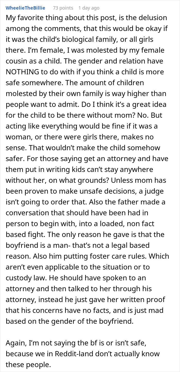 Comment discussing concerns about child safety when an 8-year-old spends the night at mom's boyfriend's house. Comment discussing concerns about child safety when an 8-year-old spends the night at mom's boyfriend's house.