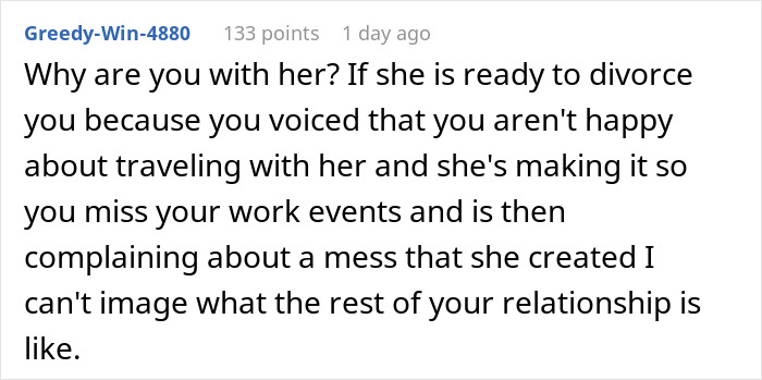 Comment on Reddit post discussing wife filing for divorce after husband points out her travel-related weird quirk causing relationship issues. Comment on Reddit post discussing wife filing for divorce after husband points out her travel-related weird quirk causing relationship issues.