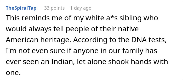 Screenshot of a comment discussing genetic heritage and DNA tests questioning family inlaws-day ruined genetic heritage information. Screenshot of a comment discussing genetic heritage and DNA tests questioning family inlaws-day ruined genetic heritage information.
